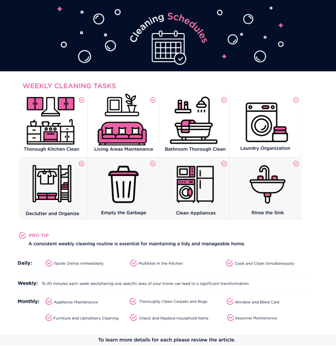 Weekly cleaning schedule tasks and tips.