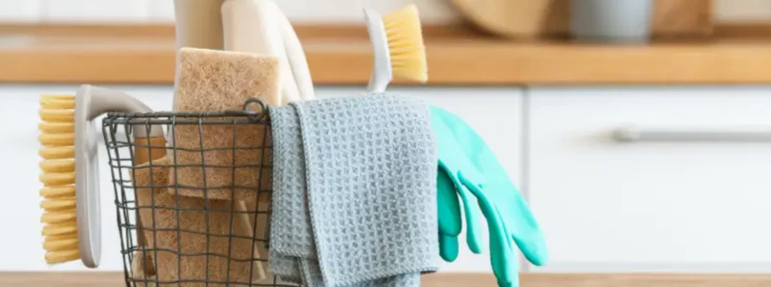 Supplies for general household cleaning on counter.