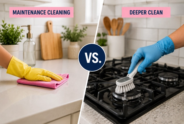 Split graphic comparing maintenance cleaning and deeper cleaning on a kitchen surface and a gas stovetop.